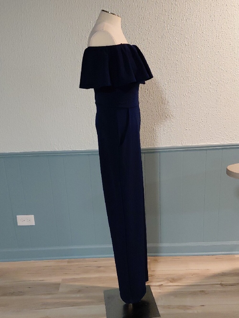 Off-Shoulder Navy Ruffle Jumpsuit - Picture 2 of 4